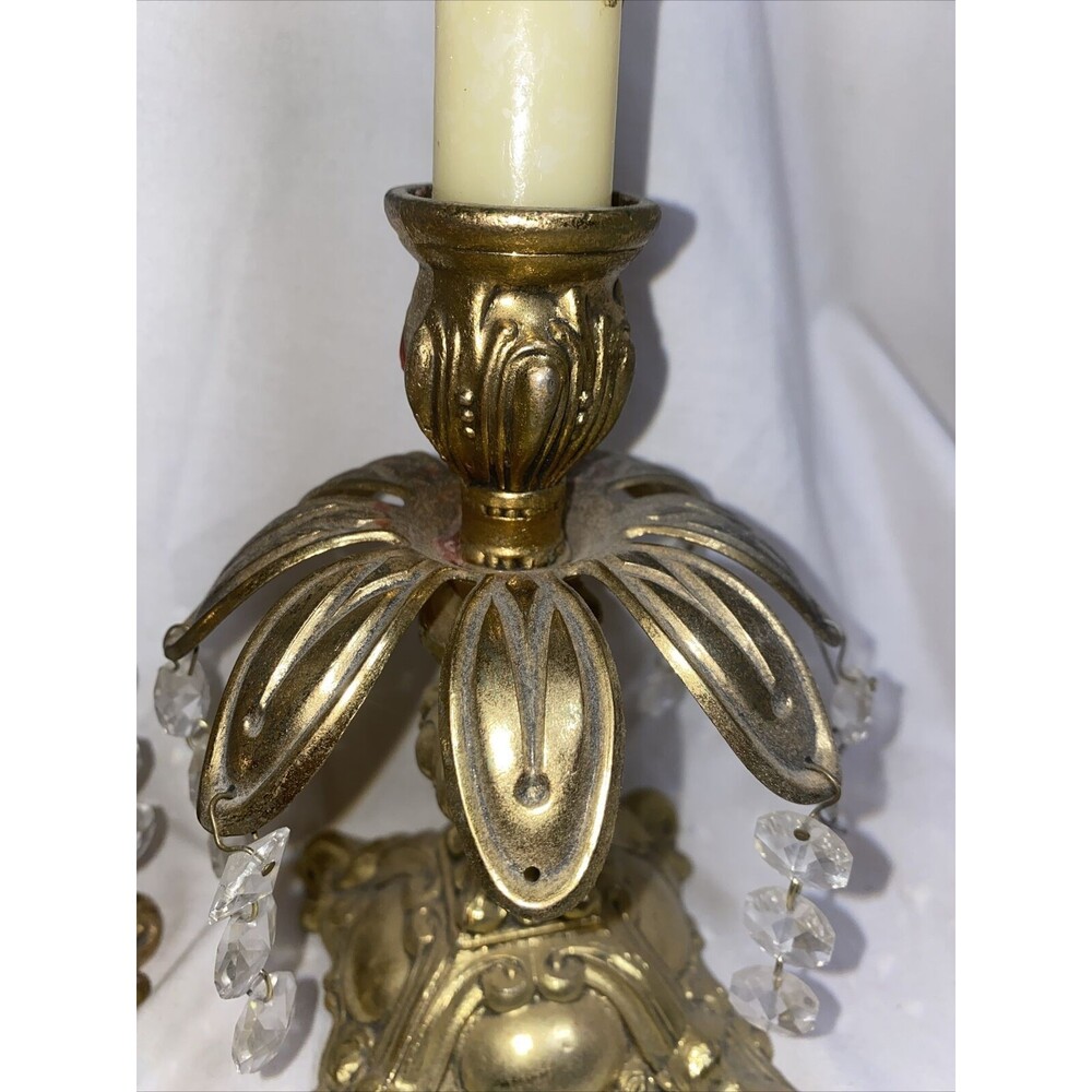 Vintage Hollywood Regency Style Ornate Gold Cast Metal Candlestick Holders Pair - Picture 5 of 11